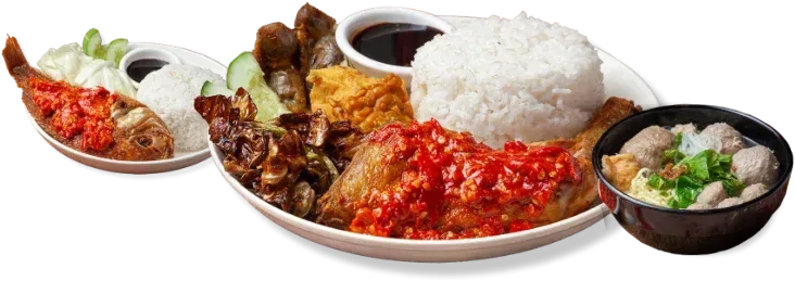 Ayam gepuk set with bakso and fish